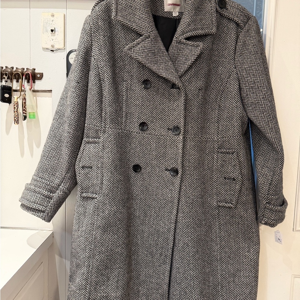 Avenue Black and White Herringbone Trench Coat